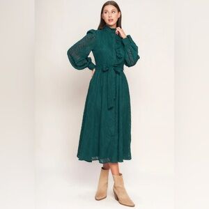NWOT Flying Tomato Emerald Whisper Woven Midi Dress with High Ruffled Neckline S